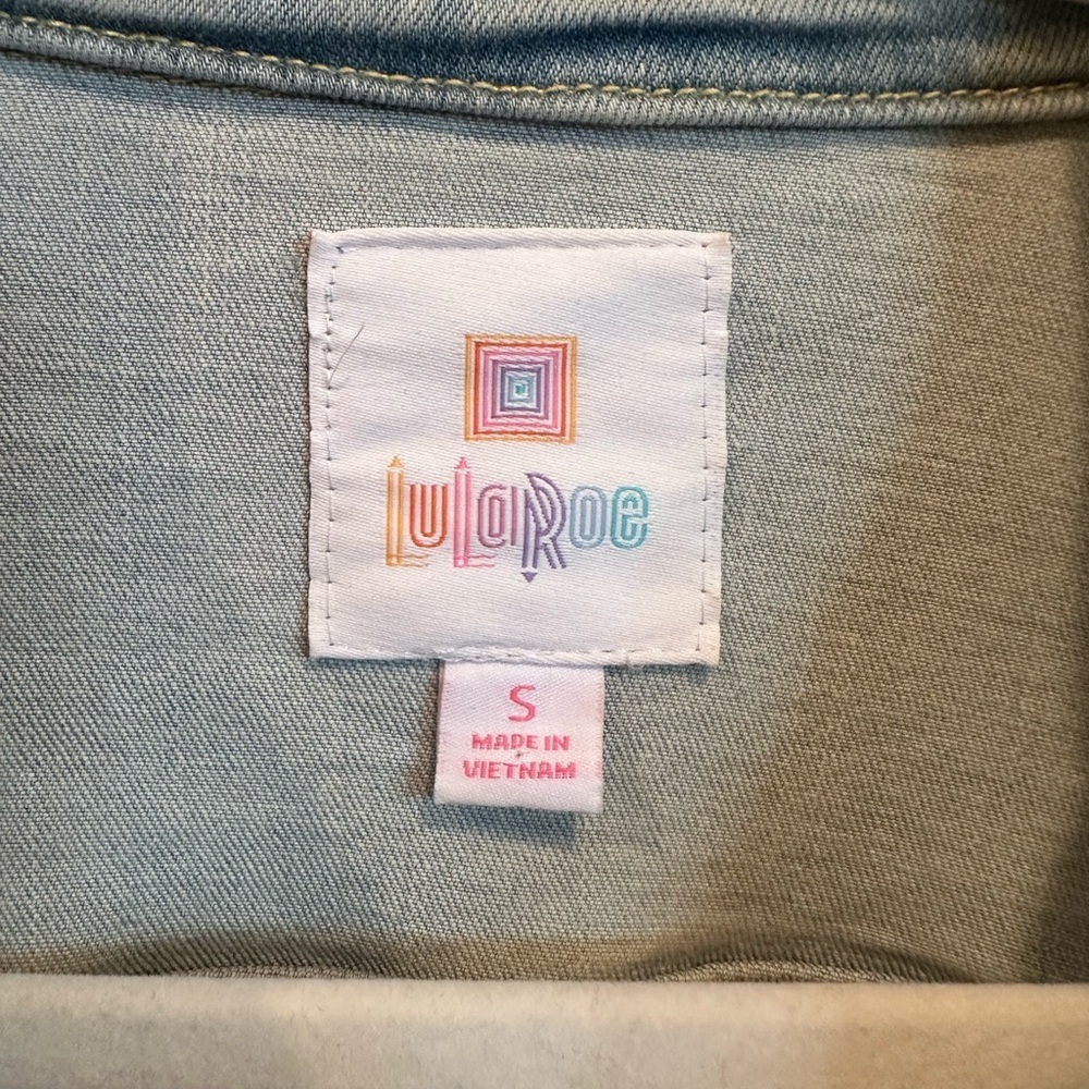 LuLaRoe Light Blue Denim Jacket Yellow Floral Embroidery Layer Staple Sz S - Picture 7 of 11